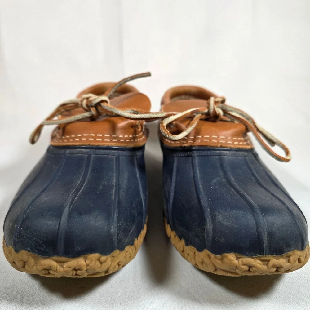 LL Bean Bean Boot Mens 8 Navy Blue Tan Leather Rubber Moc Duck Boots Made in USA